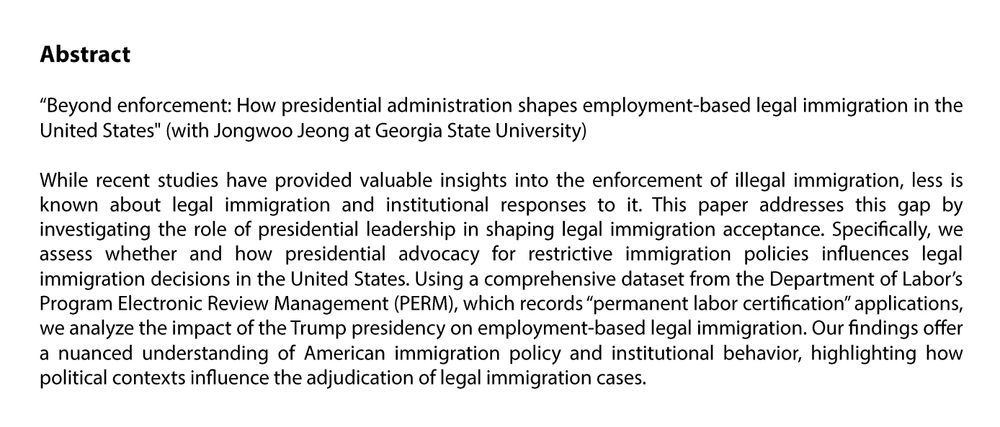 Abstract

While recent studies have provided valuable insights into the enforcement of illegal immigration, less is known about legal immigration and institutional responses to it. This paper addresses this gap by investigating the role of presidential leadership in shaping legal immigration acceptance. Specifically, we assess whether and how presidential advocacy for restrictive immigration policies influences legal immigration decisions in the United States. Using a comprehensive dataset from the Department of Labor’s Program Electronic Review Management (PERM), which records “permanent labor certification” applications, we analyze the impact of the Trump presidency on employment-based legal immigration. Our findings offer a nuanced understanding of American immigration policy and institutional behavior, highlighting how political contexts influence the adjudication of legal immigration cases.