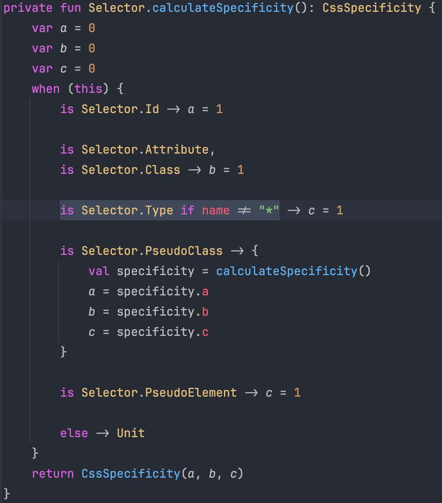 The image presents a code that exemplifies the usage of the when guards on Kotlin 2.1.0. Here is the code:

private fun Selector.calculateSpecificity(): CssSpecificity {
    var a = 0
    var b = 0
    var c = 0
    when (this) {
        is Selector.Id -> a = 1

        is Selector.Attribute,
        is Selector.Class -> b = 1

        is Selector.Type if name != "*" -> c = 1

        is Selector.PseudoClass -> {
            val specificity = calculateSpecificity()
            a = specificity.a
            b = specificity.b
            c = specificity.c
        }

        is Selector.PseudoElement -> c = 1

        else -> Unit
    }
    return CssSpecificity(a, b, c)
}