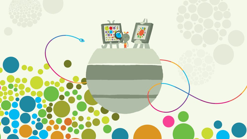 screenshot from Hohokum: a colourful snakelike creature with a single eye winds around a circular floating platform where someone is inspecting a collection of pinned dots with a magnifying glass.