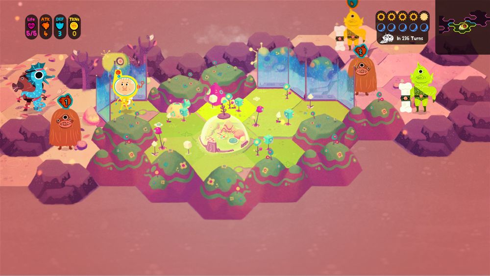 screenshot from Loot Rascals: a colourful space landscape made from hexagons, with various space monsters and a nervous looking guy in a yellow spacesuit.