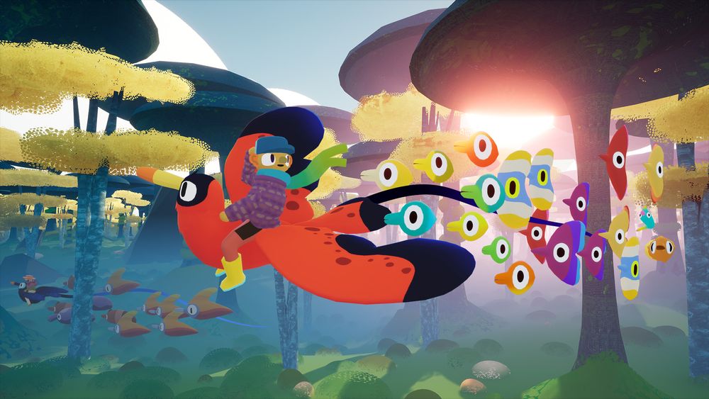 screenshot from FLOCK: a person with a hat and scarf riding a big red bird through a forest of mushrooms with a flock of colourful creatures following