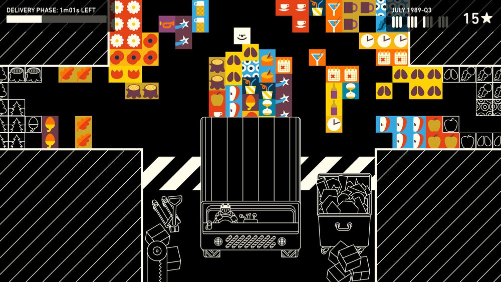 screenshot from Wilmot's warehouse - a monochrome truck viewed from above, deliverying a number of colourful products with various images on them - some abstract, some figurative.