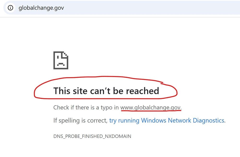 The website www.globalchange.gov, which hosted the federally mandated US Global Change Research Program and all the National Climate Assessment reports and data, has been deleted.
