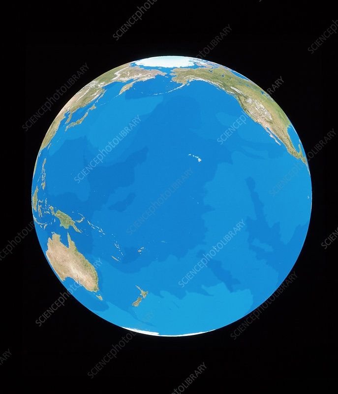 A cloudless satellite image of the Earth, centred on the Pacific Ocean. Only ocean is visible over the entire disk except for a glimpse of Australia bottom left and a hint of North America top right with the Arctic ice cap visible at the top.