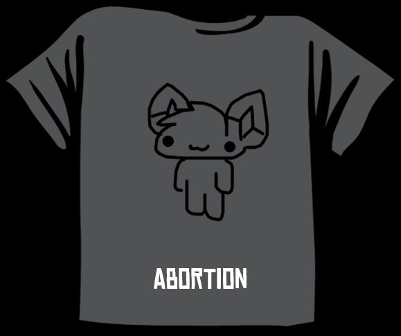 Poorly drawn Voncamper using a mouse inside the Tee K.O. shirt with the text "Abortion"