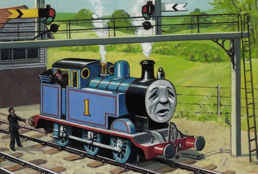 Thomas The Tank Engine with a pained expression 