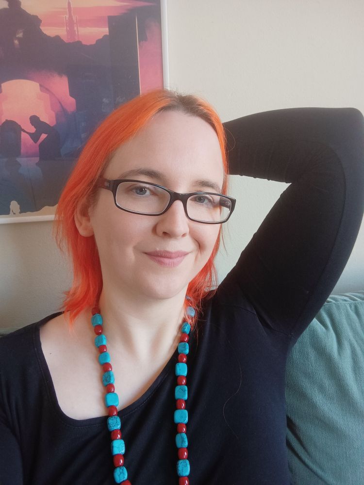 Me wearing my new blue-red necklace