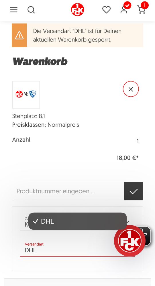 Screenshot von Warenkorb. Es ist erkennbar das nicht bestellt werden kann, da eine nicht verfügbare Versandart gewählt ist. Unter dem Reiter Versandarten ist aber nur diese eine Art verfügbar. 