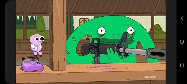 Mr frog from the Adult Swim show Smiling friends aiming a rifle past the camera in a shooting range. Next to him is a bag of purple powder with a portion prepared for snorting. Pim looks on in the background concerned. 