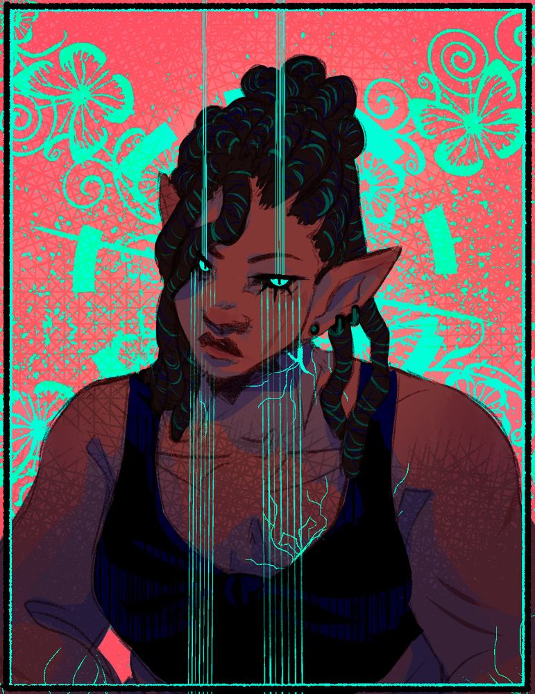 A digital illustration of a Black woman with thick dreads pulled into a loose bun. Her eyes are neon blue with slit pupils, stylistic lines running through them.