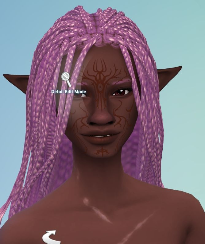 Ashasiara, a Black elven woman with Falon'din vallaslin, made in Sims 4. Her hair is in box braids that fall long behind her back.