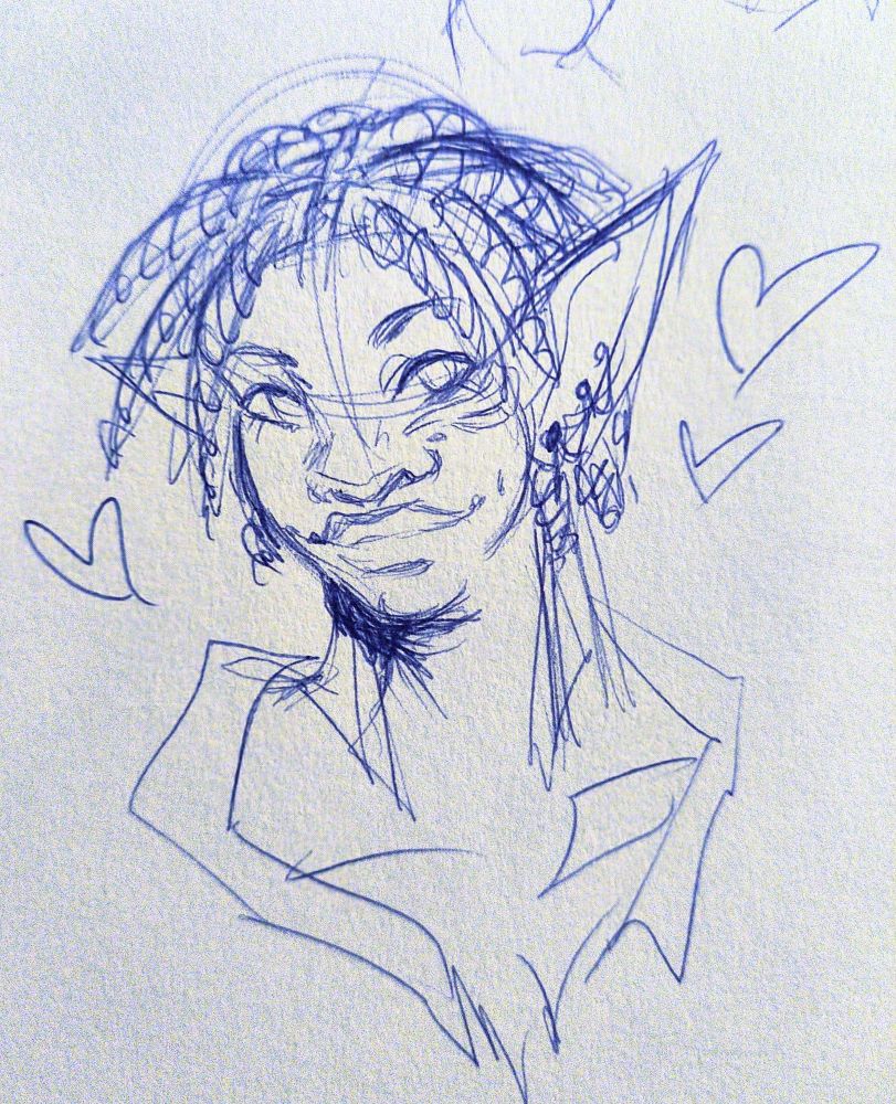 portrait pen drawing of a Black elf with chin-length twists smiling, hearts drawn around him
