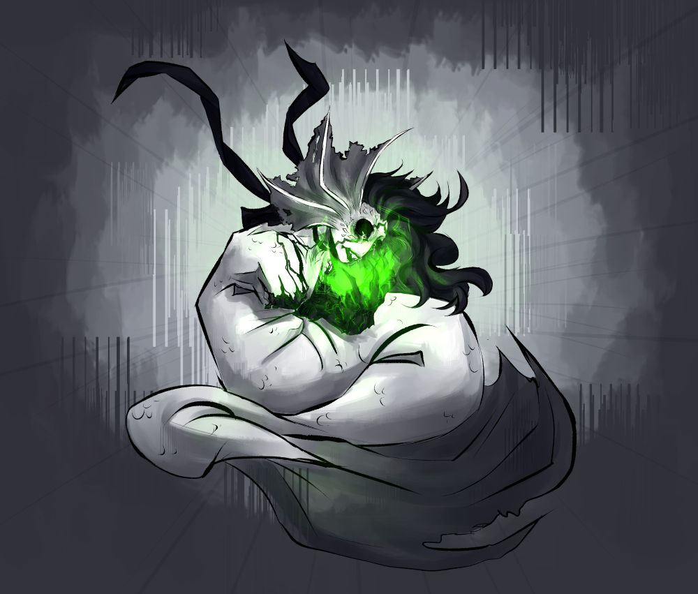 A digital illustration of a mermaid missing an arm, black infection overtaking her remaining arm. A sole green light emanates from her hand as she looks down in horror, curled up on herself.