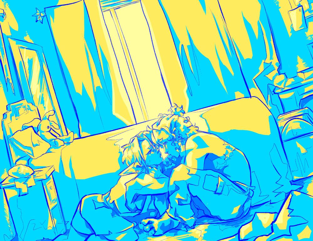 A digital Illustration of two men, Bud and Sterling, in casual clothes on the floor of a bedroom. They are cradling each others faces as a pale light from the window behind them hit their skin.