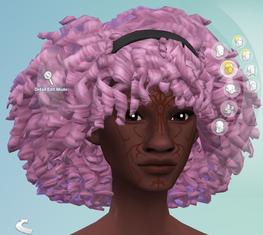 Ashasiara, a Black elven woman with Falon'din vallaslin, made in Sims 4. Her hair is in a twist out style with a black headband