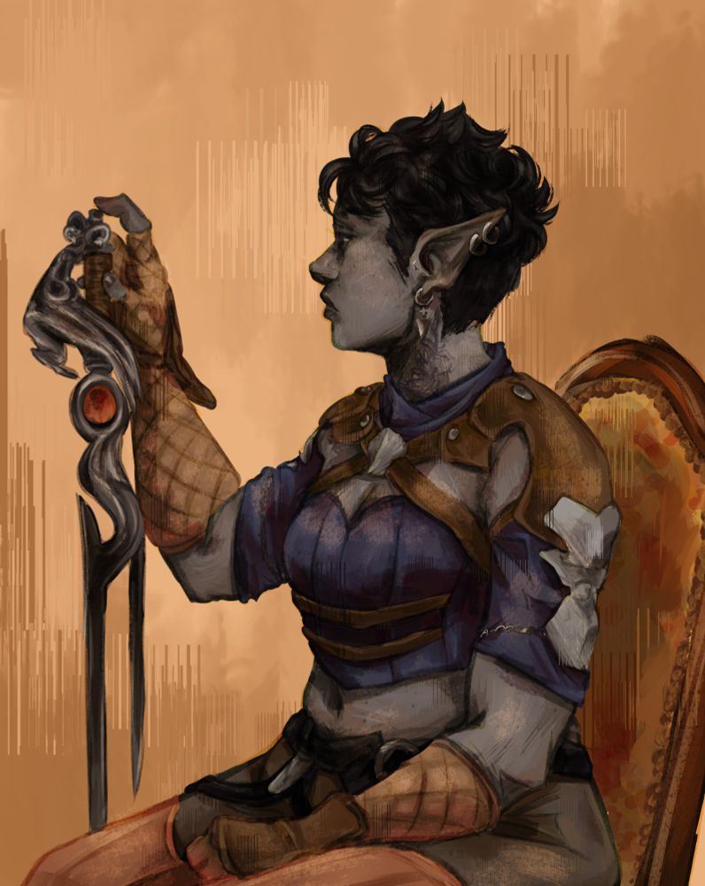 digital painting referencing a painting chosen by a commissioner. a grey-skinned elf with black curly hair sits in a chair, looking to the side as she holds her rapier with a gentle hand
