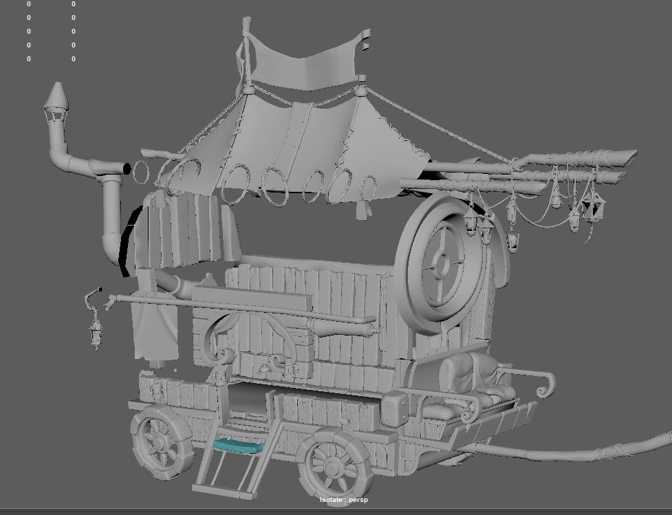 3d model of a medieval food cart showing the parts that still need to be retopologized