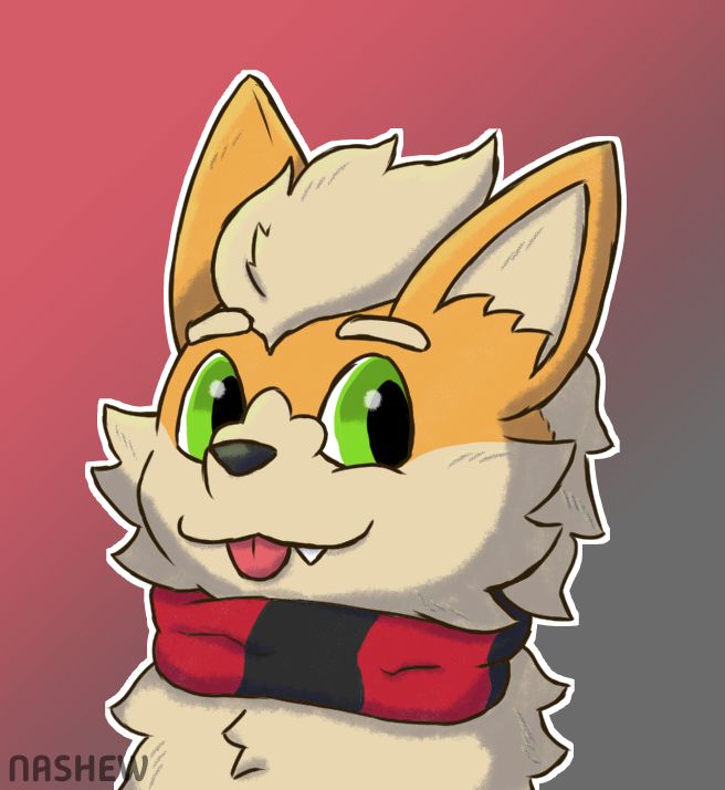 A digital drawing of a Growlithe OC wearing a red and black striped scarf.