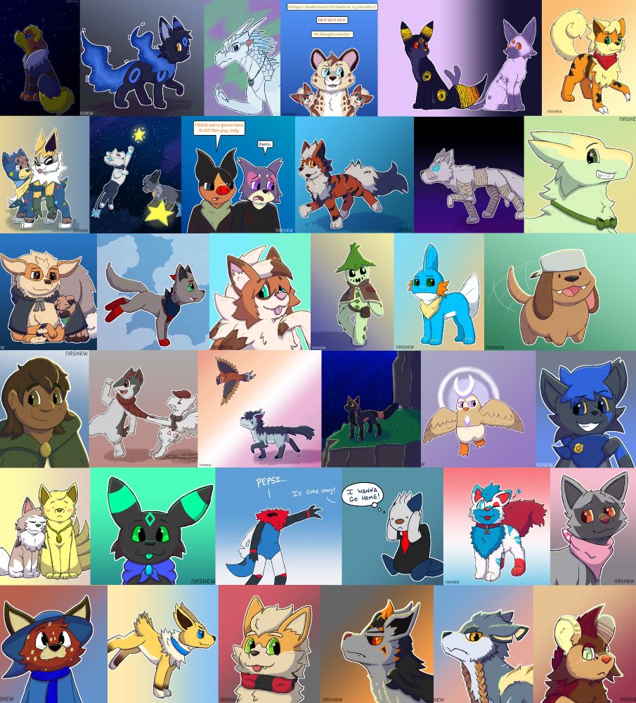 A collage of 36 digital art pieces. I'm really sorry but I'm not going to describe each one in any detail, I've posted each one by itself over the past month.