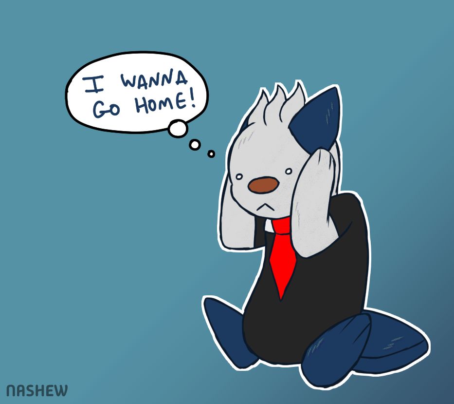 A digital drawing of a Pokemon OC - an Oshawott. He's sitting on the ground with his paws on the sides of his face and is thinking, "I wanna go home!"