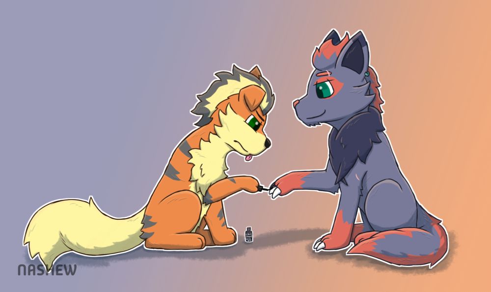 A digital drawing of two Pokemon OCs, Ashton (a Growlithe) and Zeke (A Zorua). Ashton has a very focused expression and his tongue is sticking out slightly as he paints Zeke's claws. 