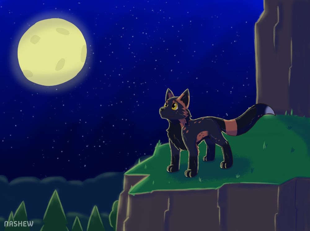A digital drawing of a Cross Fox OC standing on a cliffside overlooking a forest. There's a large full moon in the night sky. 