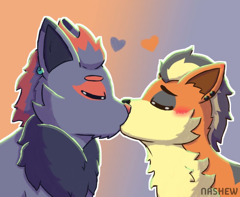A digital drawing of Zeke and Ashton (Two Pokemon OCs, a Zorua and Growlithe respectively) kissing on the lips.