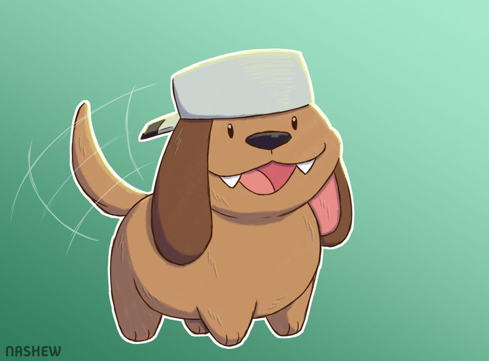 A digital drawing of a dog OC wearing a cooking pot on their head