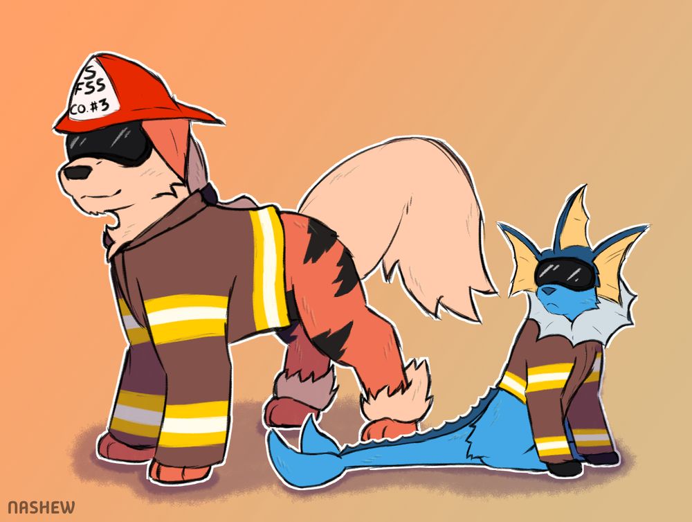 A digital drawing of two Pokemon OCs, an Arcanine and a Vaporeon. They're both decked out in firefighter gear. Text on the Arcanine's helmet reads "SFSS CO. #3"