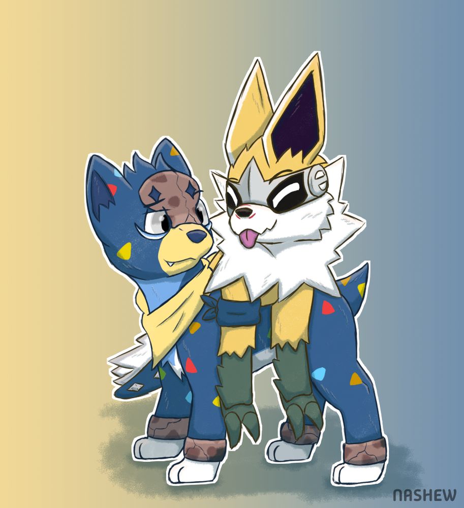 A drawing of two Pokemon OCs - A Jolteon/Silvally hybrid and a Houndour/Minior hybrid. The Jolteon is draped sideways over the Houndour's back and is sticking his tongue out at her.