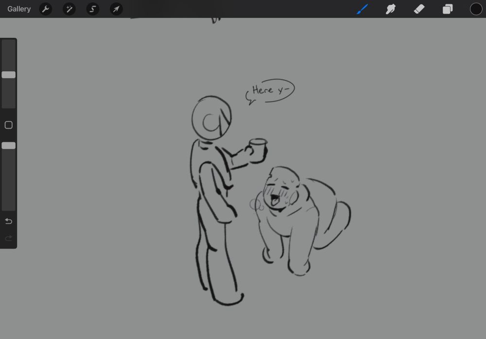 E turns back and holds out the can. However, F is now on his hands and knees with his mouth open and tongue hanging out. F is blushing with his eyes closed, he's panting.