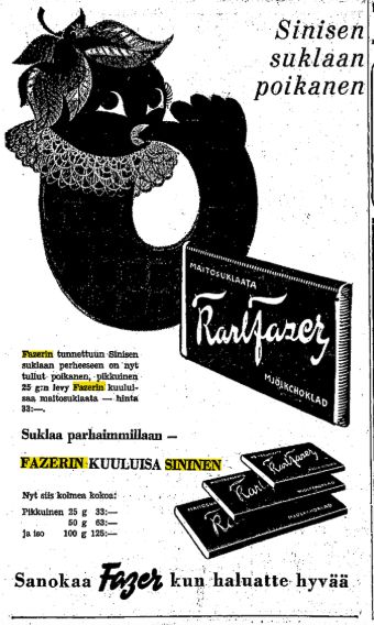Mainos Helsingin Sanomissa 25.2.1955.
Fazerin kuuluisa sininen, nyt siis kolme kokoa: 25g, 50g, 100g.