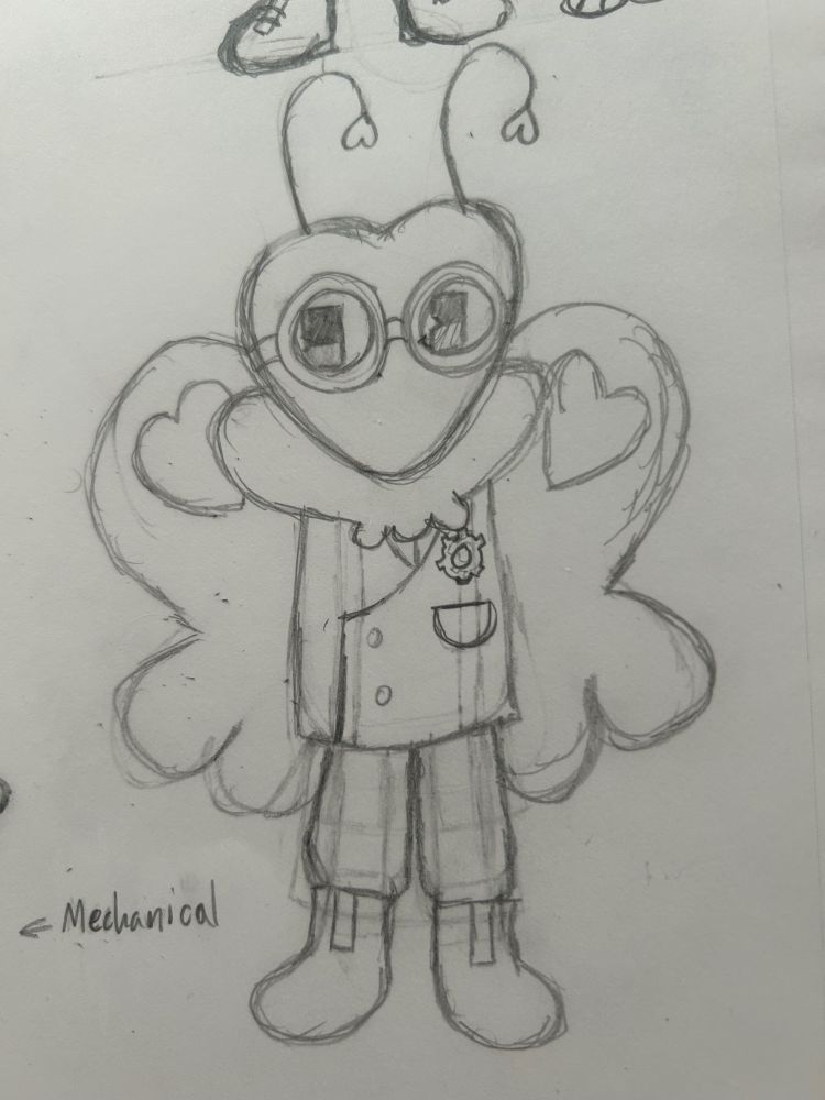 A sketch of Flutter (Dandy’s World) in Steamview. She has goggles over her eyes and is wearing a coat with a pocket in the left. She’s wearing somewhat baggy pants and boots.