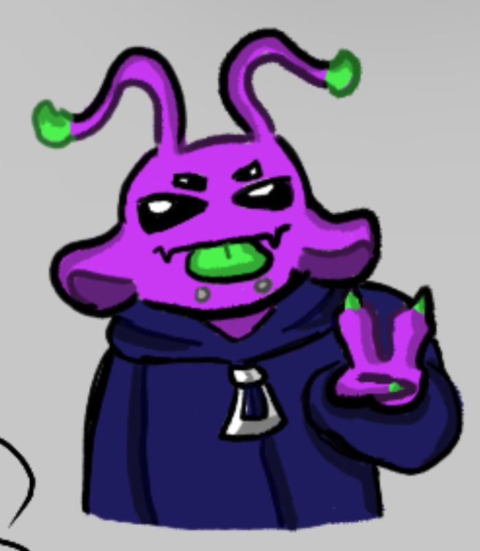 A colored doodle of an Alien OC. Xey are bright purple with a ln indigo sweater on, with green nails, tounge, and antennae tips. Xey have four black beady eyes. Xey are sticking xyr tongue out while doing a peace sign.