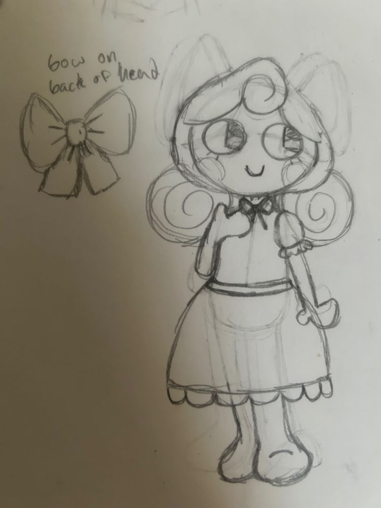A sketch of a Dandy’s World OC: Cindy Swirl. She has hair that swirls at the top and two back buns with swirls in them. Her outfit has a small thin bow and simple dress with short sleeves. Next to her shows the bow that’s on the back of her head.
