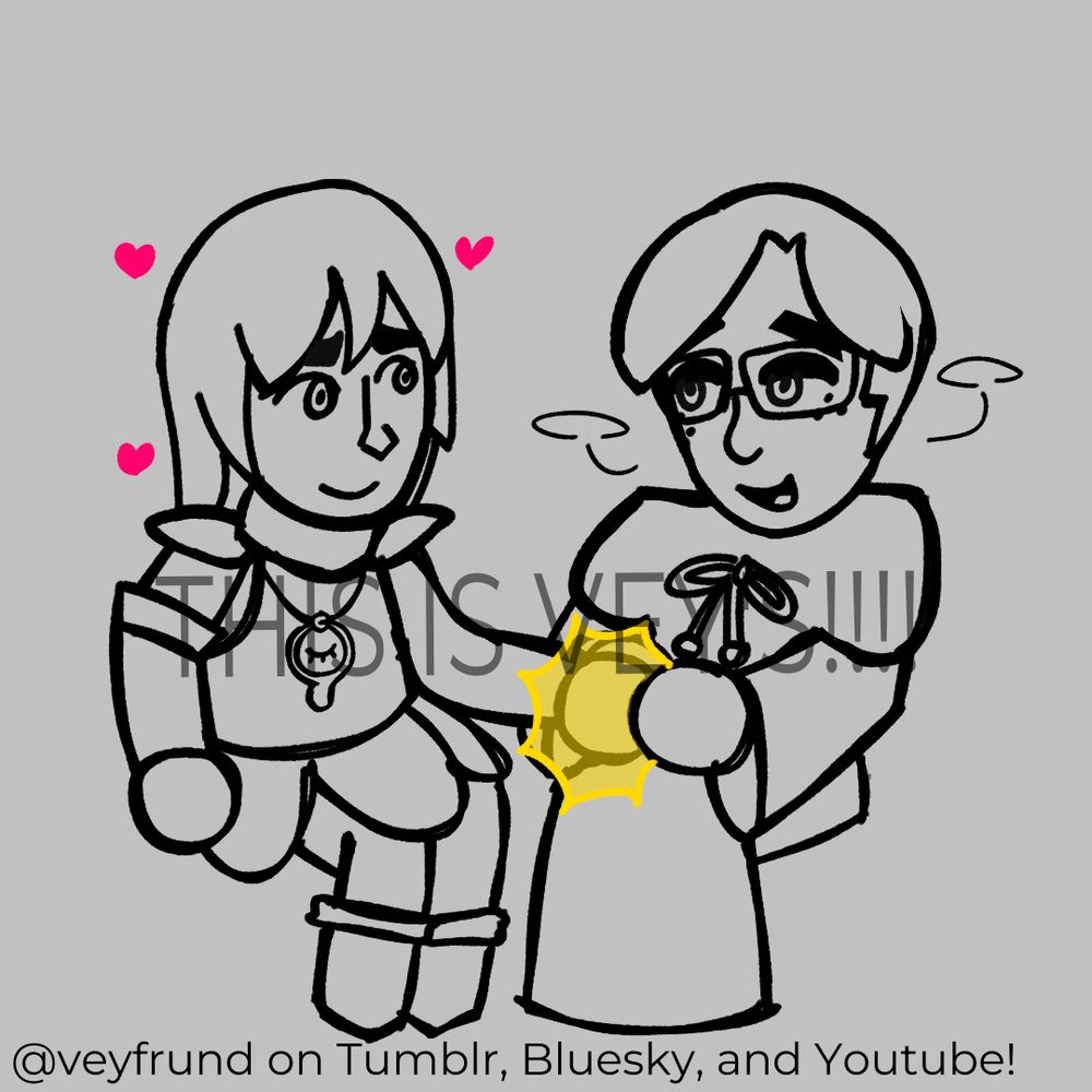 Doodle of my Miitopia characters Archer (Warrior) and Ethan (Cleric) sitting together. Archer’s hand is being healed by Ethan. Ethan is talking to Archer while Archer stares longingly with hearts around him.