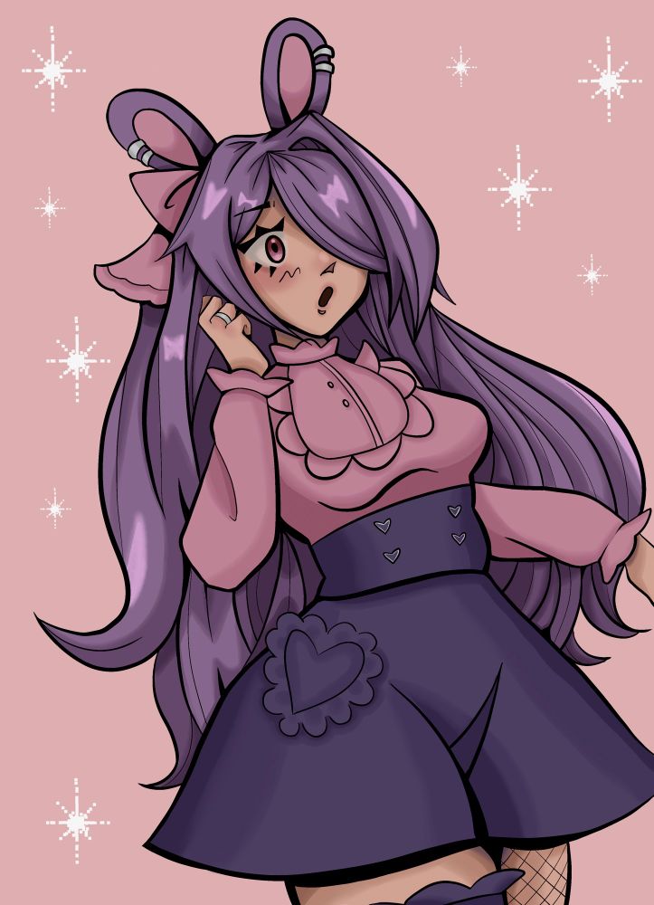Bunny girl with purple hair and pink and purple dress. She is wearing a pink bow. She has four silver piercings in her ears.