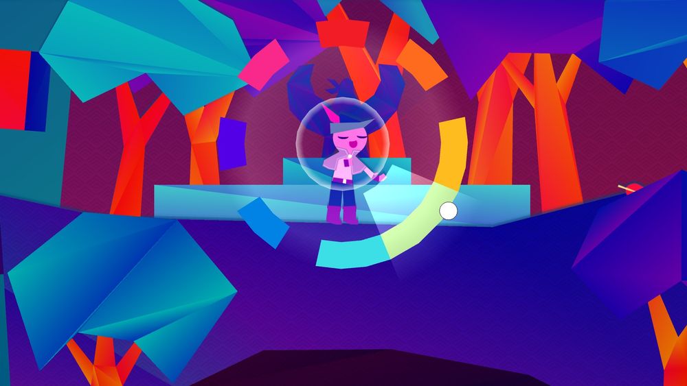 A screenshot of the game Wandersong. The bard is center screen and singing a not using the color wheel game mechanic. 