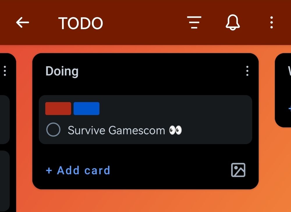 Image of a Todo list with just one task left. The task is "surviving gamescom" 