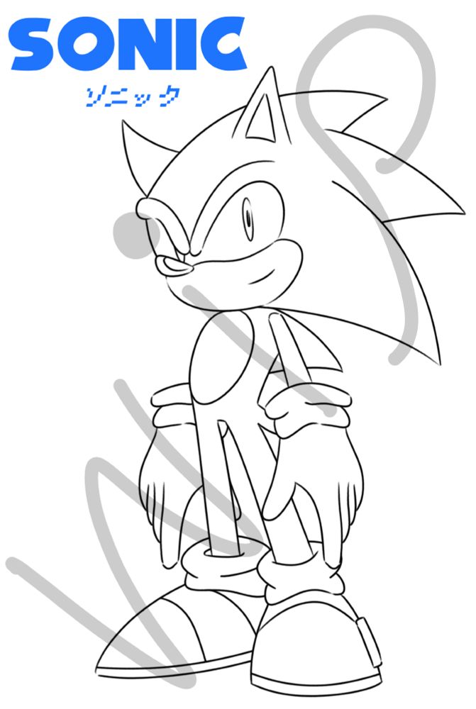 A WIP (Work In Progress) drawing of Sonic the Hedgehog, standing at a side angle.