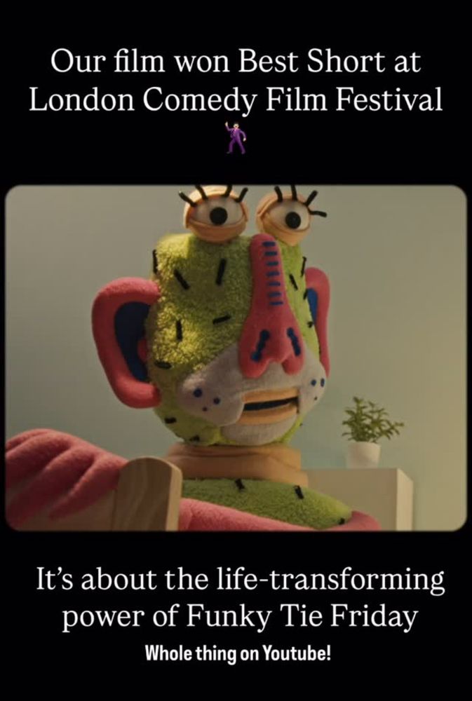 A Jazz Emu post saying ‘Our film won best short at London comedy film festival. It’s about the life-transforming power of Funky Tie Friday. Watch the whole thing on YouTube’
A photo of the puppet alien Oeoeo