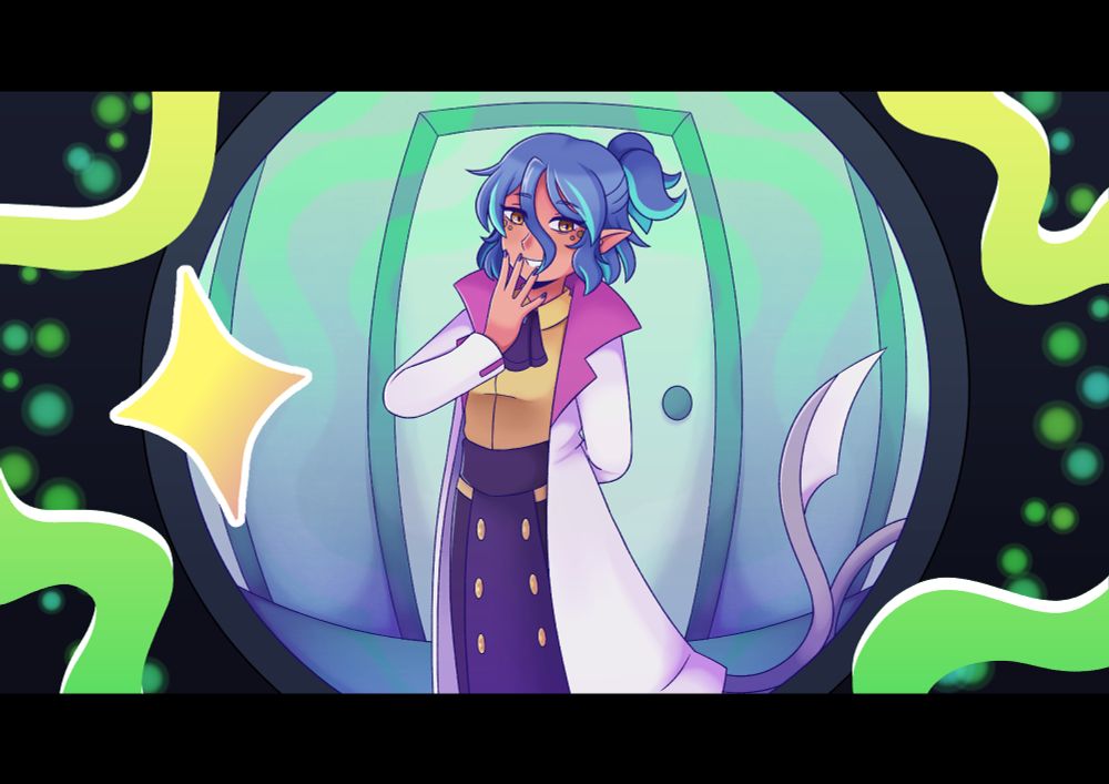 art of a gijinka of the pokemon Malamar. She's wearing a white labcoat, yellow shirt with a purple cravat, and a purple skirt with yellow buttons running down it. Her hair is short and in a half-tied up style, the tied up portion resembling tentacles. It is purple with blue streaks. She's seen through a peephole on a door in a whitish-green hallway. Green and yellow patterns swirl around her.