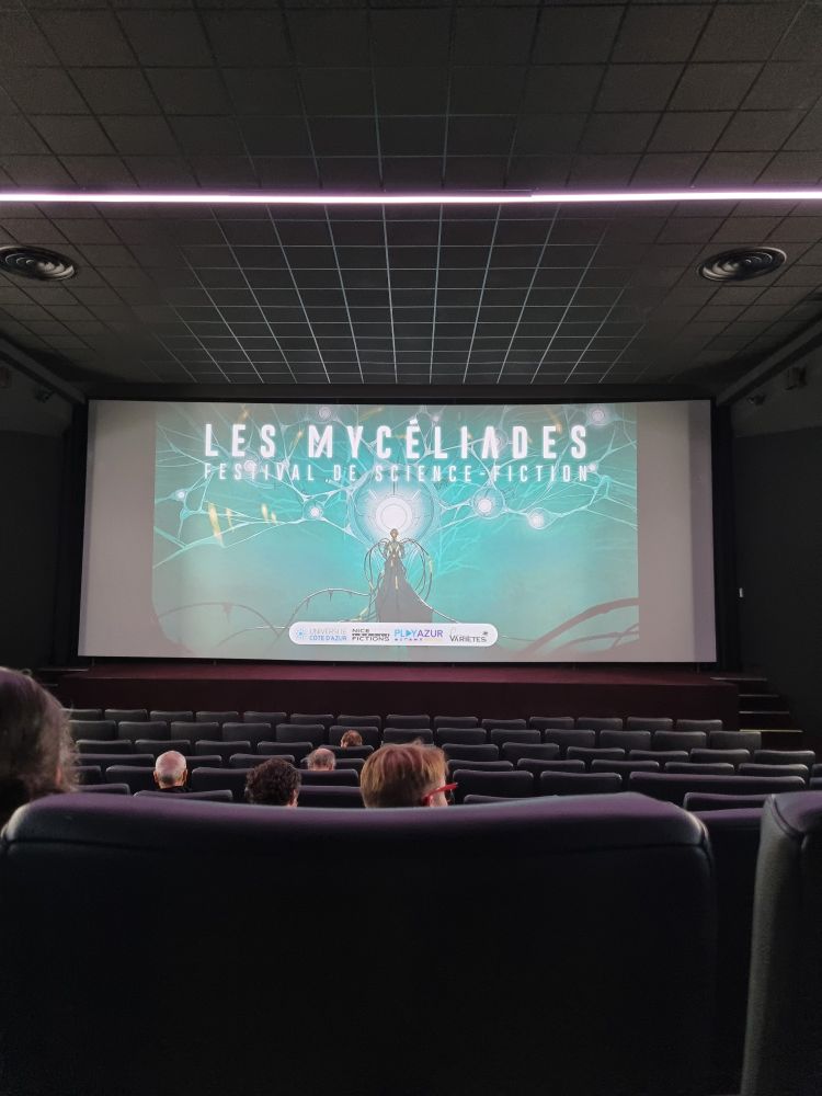 Photo prise dans une salle de cinéma avant le début de la séance. Sur l'écran, une image fixe est projetée, présentant le festival des Myceliades.