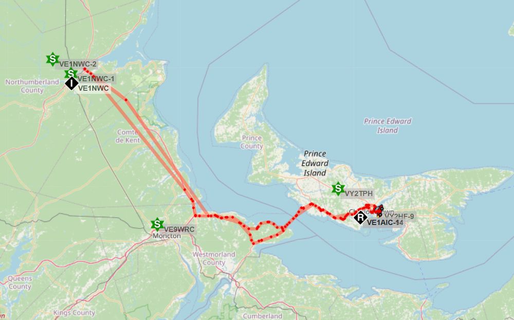 VY2HF's APRS map of PEI and NB