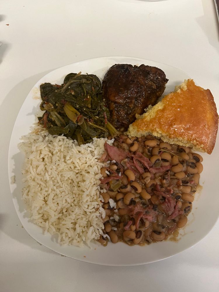NYE plate for good luck. Black eyed peas, honey cornbread, honey jerk chicken thigh, white rice and collard greens