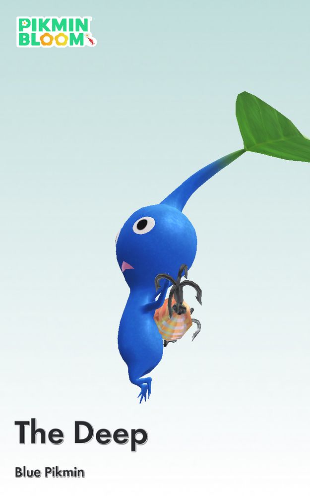 A blue pikmin named “The Deep” carrying a fishing lure on their back