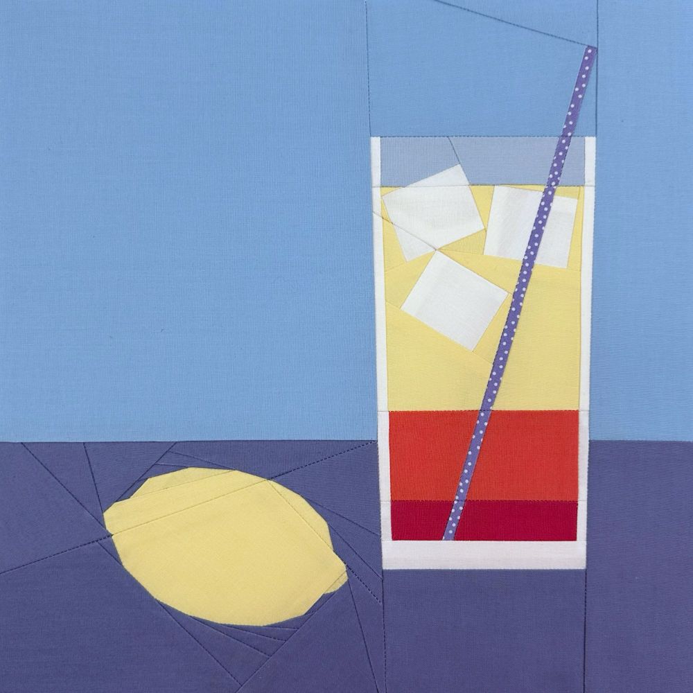 My favorite fun beverage is fruit-flavored lemonade, and my block features a foundation paper pieced icy raspberry lemonade with a whimsical straw and a lemon on the side. 