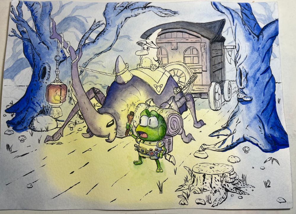 Watercolor painting of a frog leading a caravan