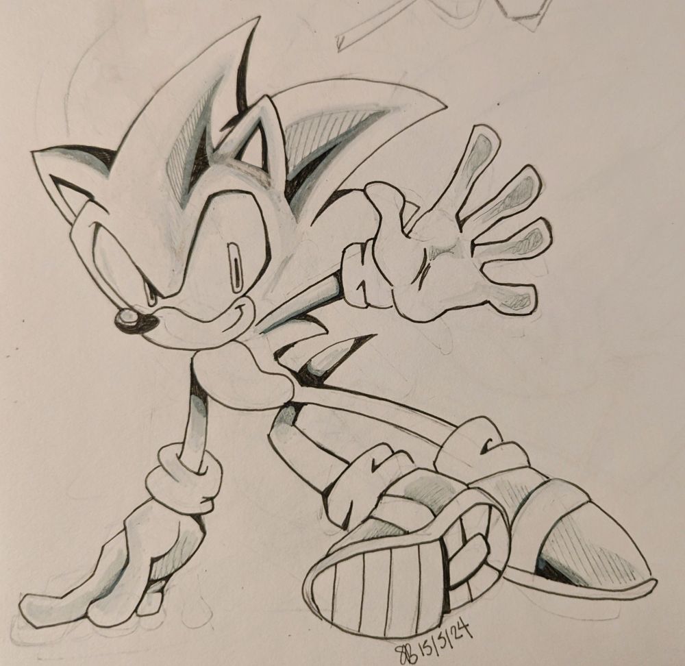 An uncoloured line drawing of Sonic the Hedgehog doing a slide move while running.