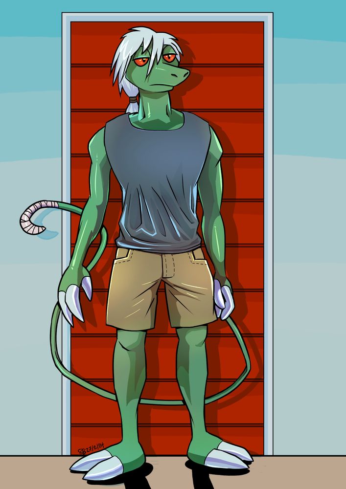 A green anthropomorphic alligator/lizard creature with white hair and a bandage on his tail, standing in front of a red doorway. (Furry / anthro art)